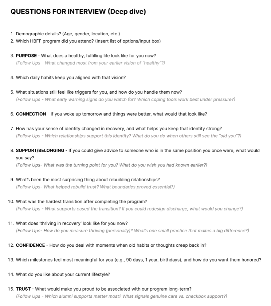Interview questions grouped by theme